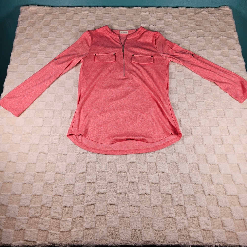Bulotus Women Coral Pink Heathered Quarter Zip Roll Tab Sleeve Top Size M